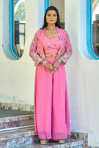 Vedant Vastram Heavy Embroidery & Sequins Work Pure Georgette Plazo Set With Koti - Pink