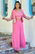 Vedant Vastram Heavy Embroidery & Sequins Work Pure Georgette Plazo Set With Koti - Pink