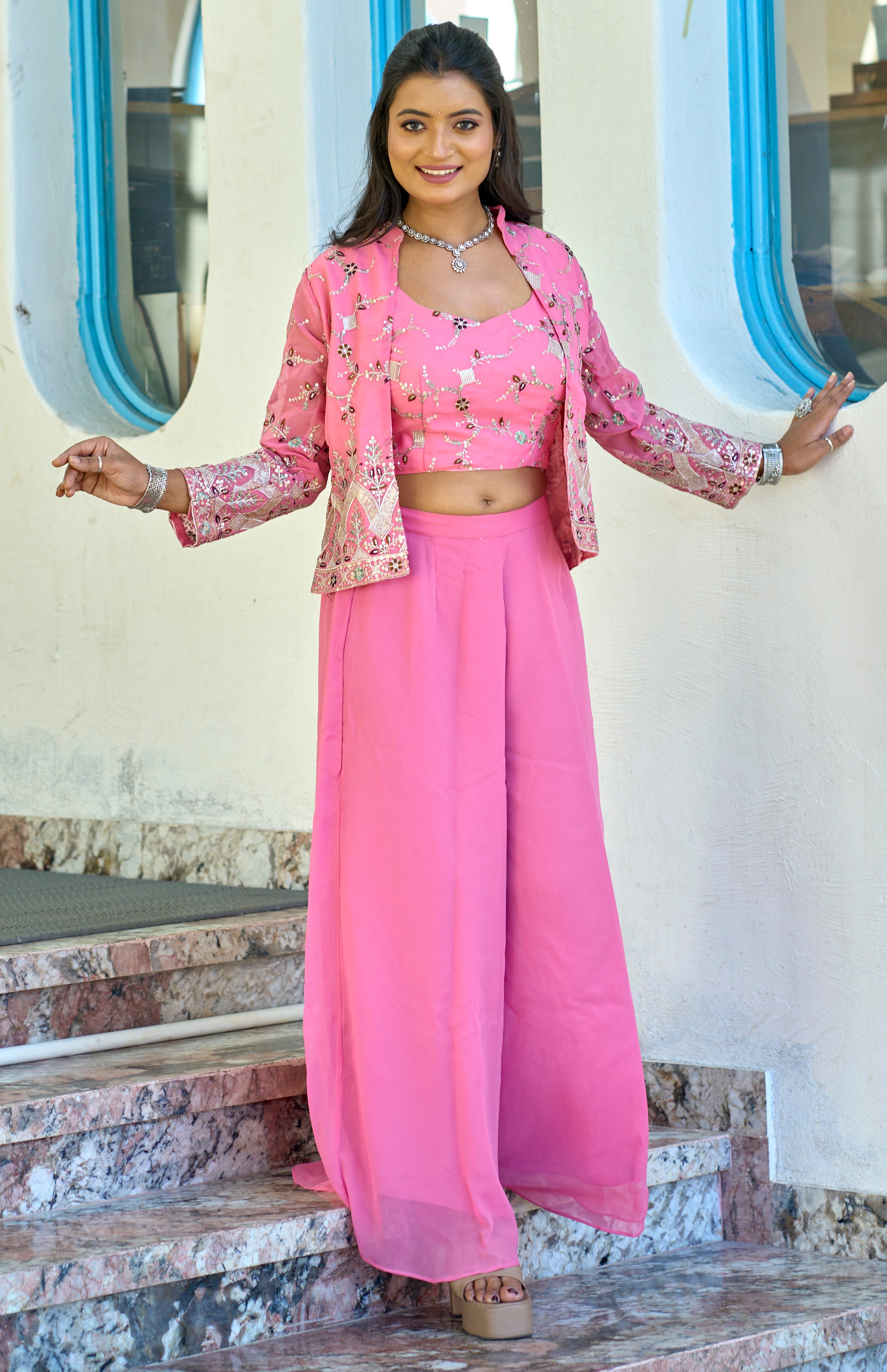 Vedant Vastram Heavy Embroidery & Sequins Work Pure Georgette Plazo Set With Koti - Pink