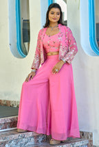 Vedant Vastram Heavy Embroidery & Sequins Work Pure Georgette Plazo Set With Koti - Pink