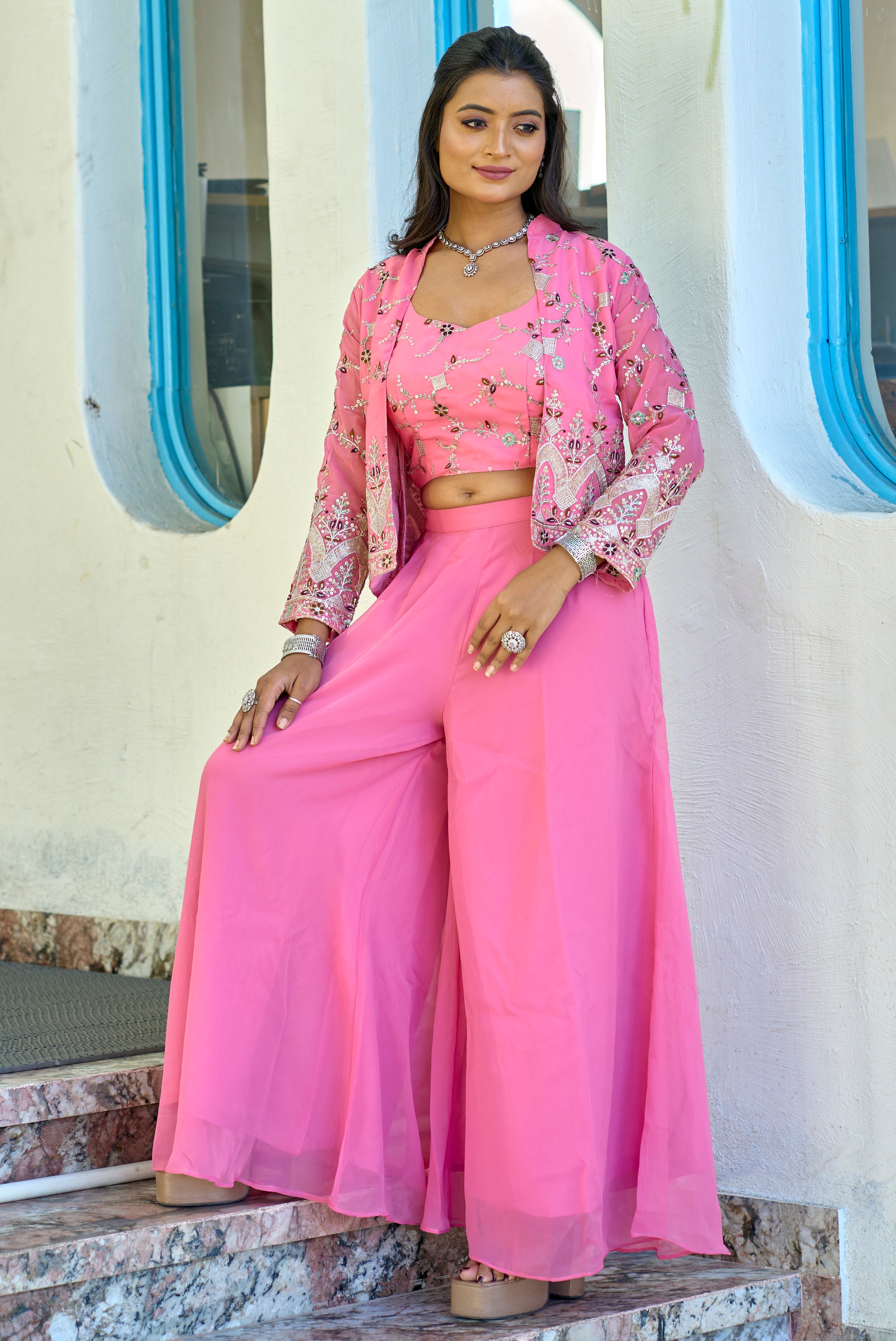 Vedant Vastram Heavy Embroidery & Sequins Work Pure Georgette Plazo Set With Koti - Pink