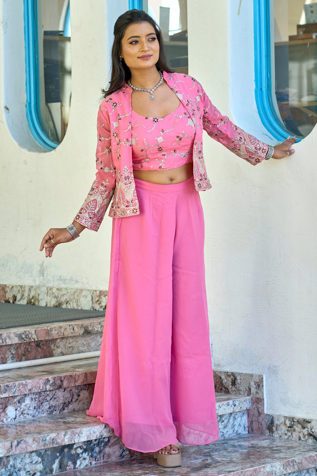 Vedant Vastram Heavy Embroidery & Sequins Work Pure Georgette Plazo Set With Koti - Pink