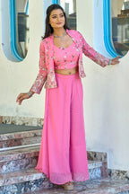 Vedant Vastram Heavy Embroidery & Sequins Work Pure Georgette Plazo Set With Koti - Pink