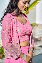 Vedant Vastram Heavy Embroidery & Sequins Work Pure Georgette Plazo Set With Koti - Pink
