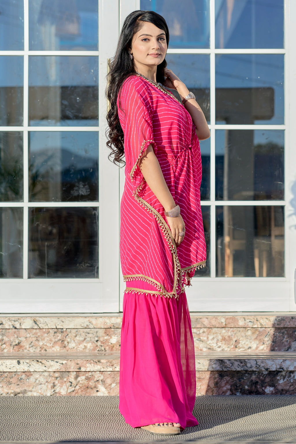 Vedant Vastram Leheriya Print Pure Georgette Sharara Cordset With Kaftan - Pink - Distacart