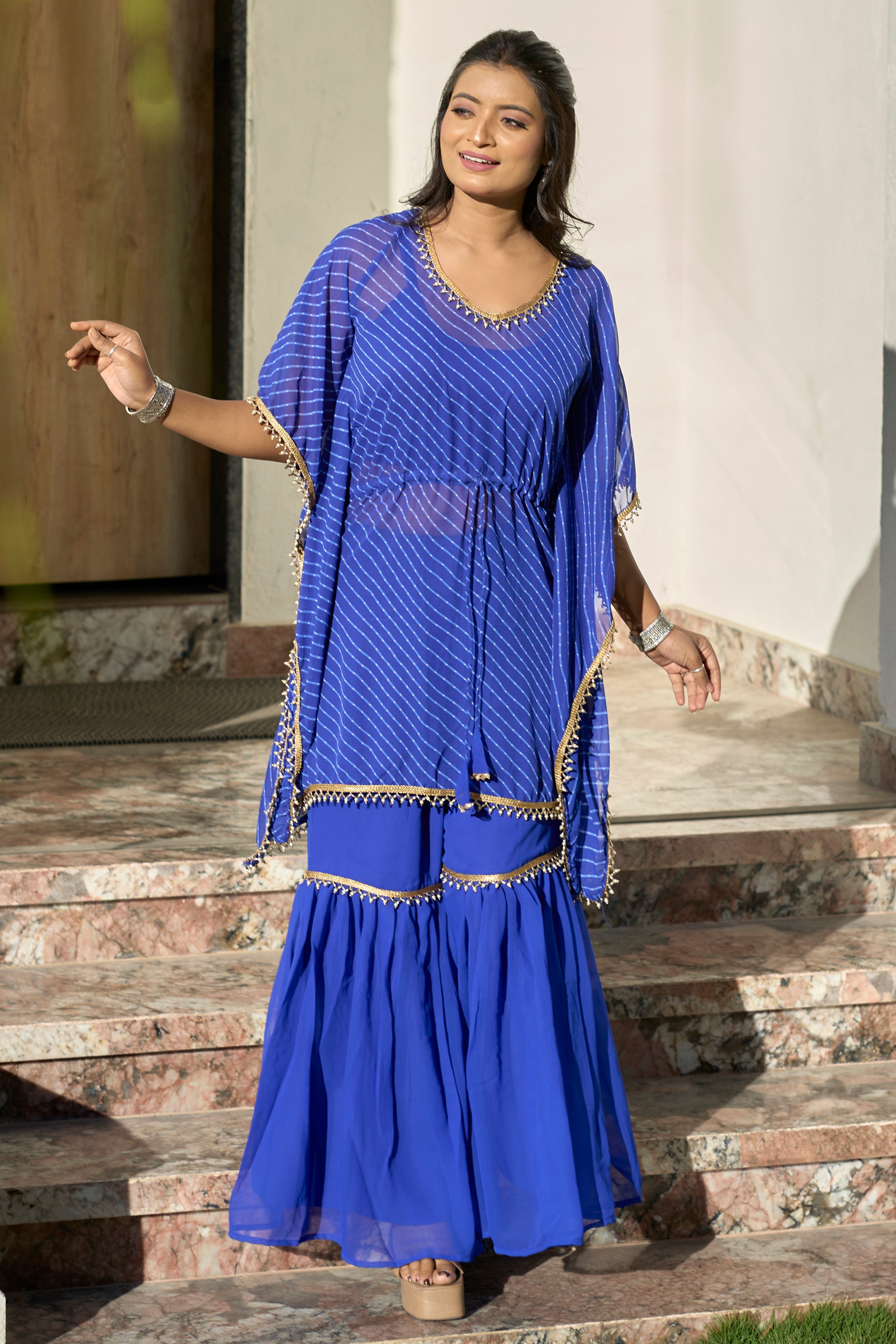 Vedant Vastram Leheriya Print Pure Georgette Sharara Cordset With Kaftan - Royal Blue - Distacart