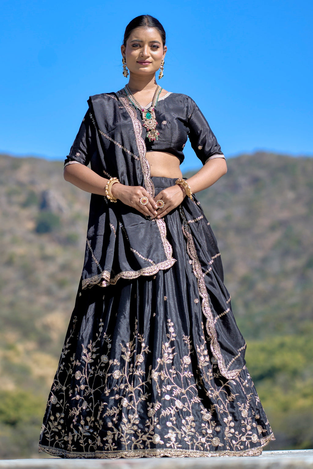 Vedant Vastram Embroidered Heavy Chinon Lehenga Choli With Blouse & Dupatta - Black