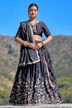 Vedant Vastram Embroidered Heavy Chinon Lehenga Choli With Blouse & Dupatta - Black