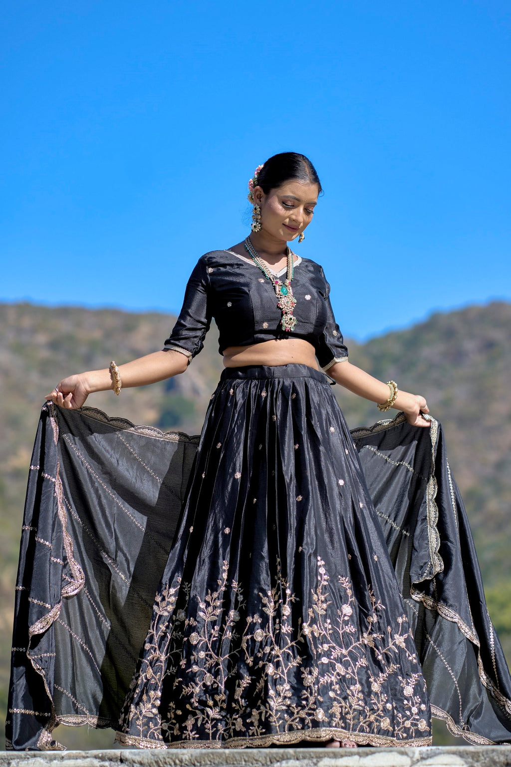 Vedant Vastram Embroidered Heavy Chinon Lehenga Choli With Blouse & Dupatta - Black
