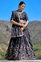 Vedant Vastram Embroidered Heavy Chinon Lehenga Choli With Blouse & Dupatta - Black