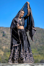 Vedant Vastram Embroidered Heavy Chinon Lehenga Choli With Blouse & Dupatta - Black