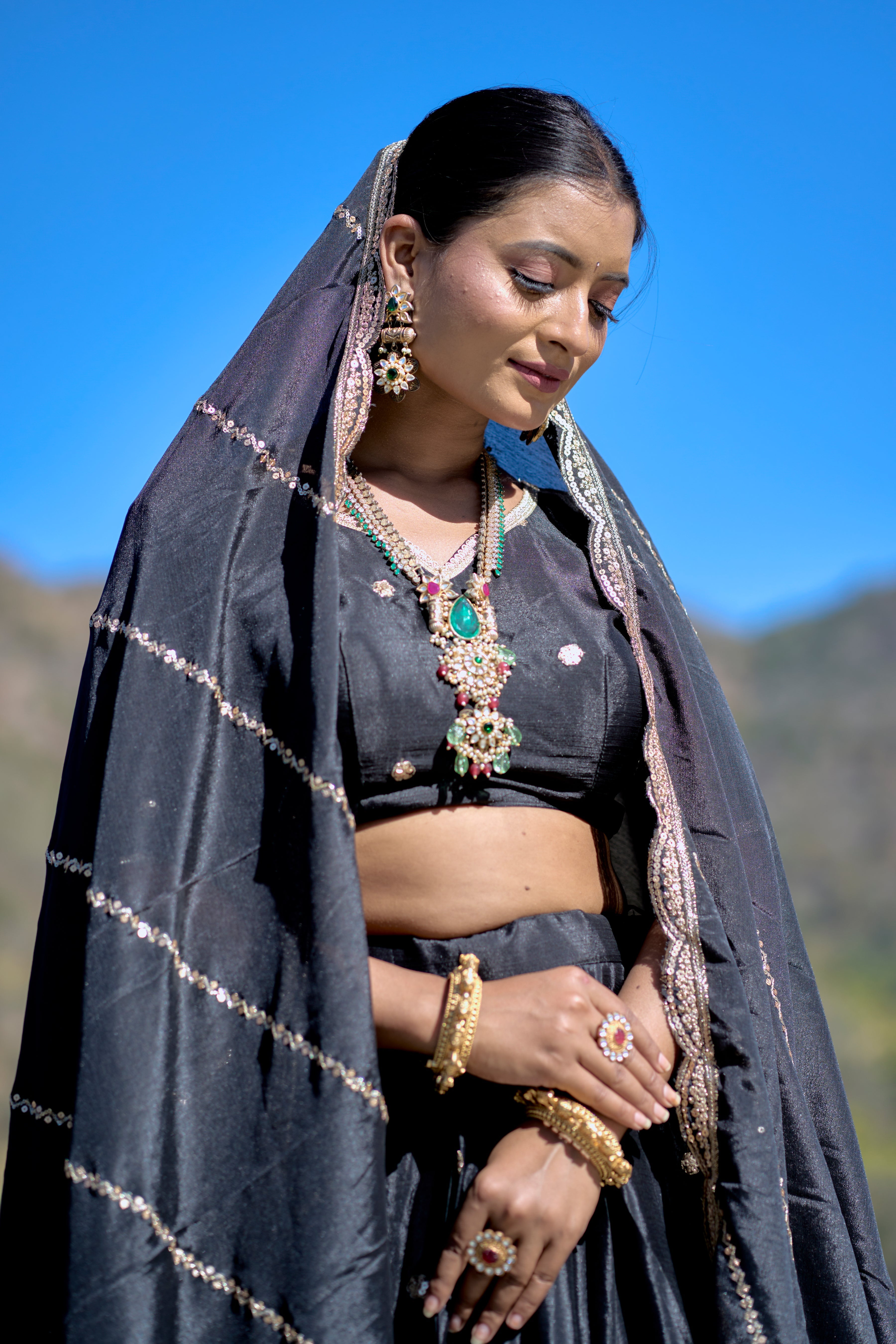 Vedant Vastram Embroidered Heavy Chinon Lehenga Choli With Blouse & Dupatta - Black
