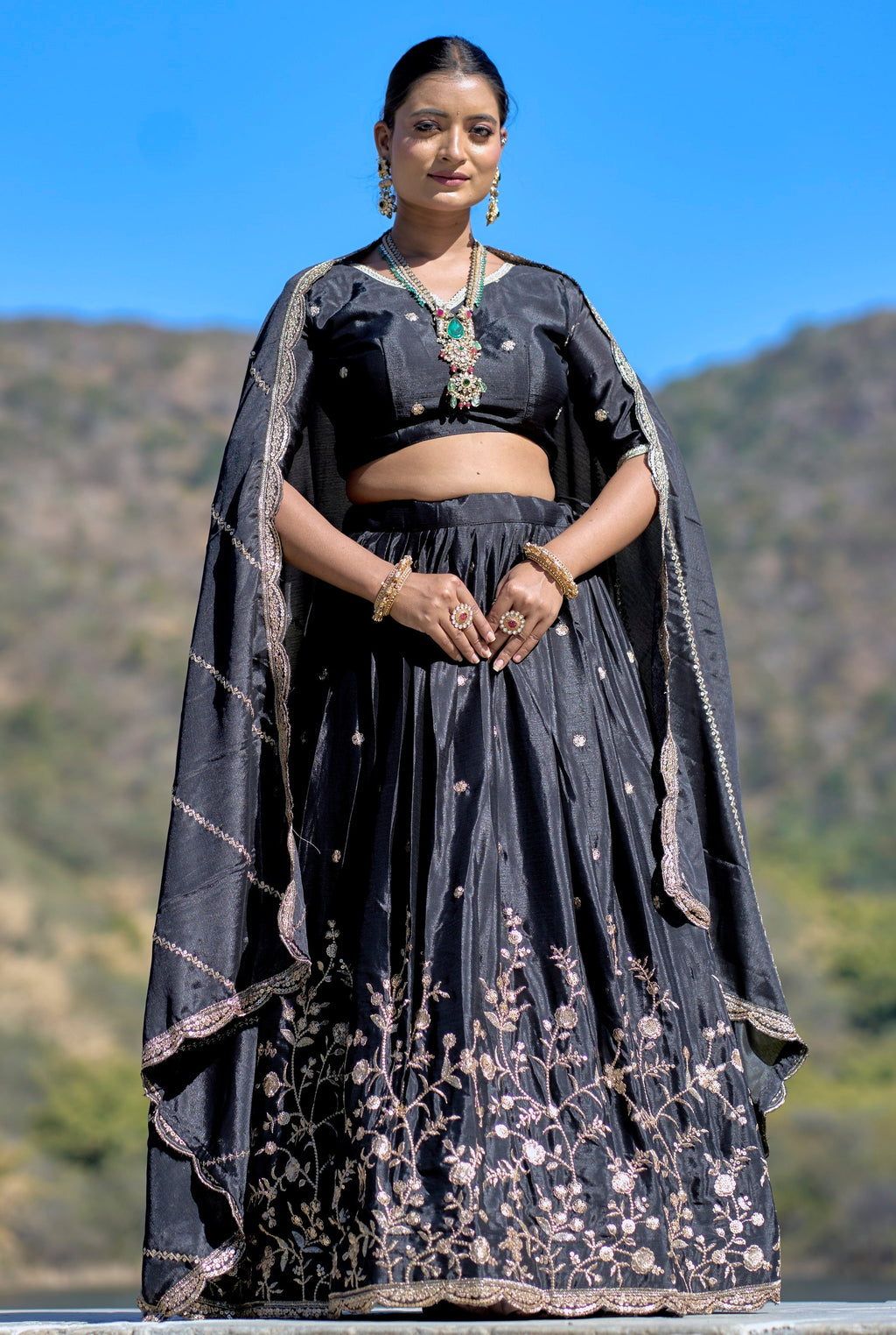 Vedant Vastram Embroidered Heavy Chinon Lehenga Choli With Blouse & Dupatta - Black
