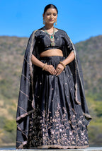 Vedant Vastram Embroidered Heavy Chinon Lehenga Choli With Blouse & Dupatta - Black