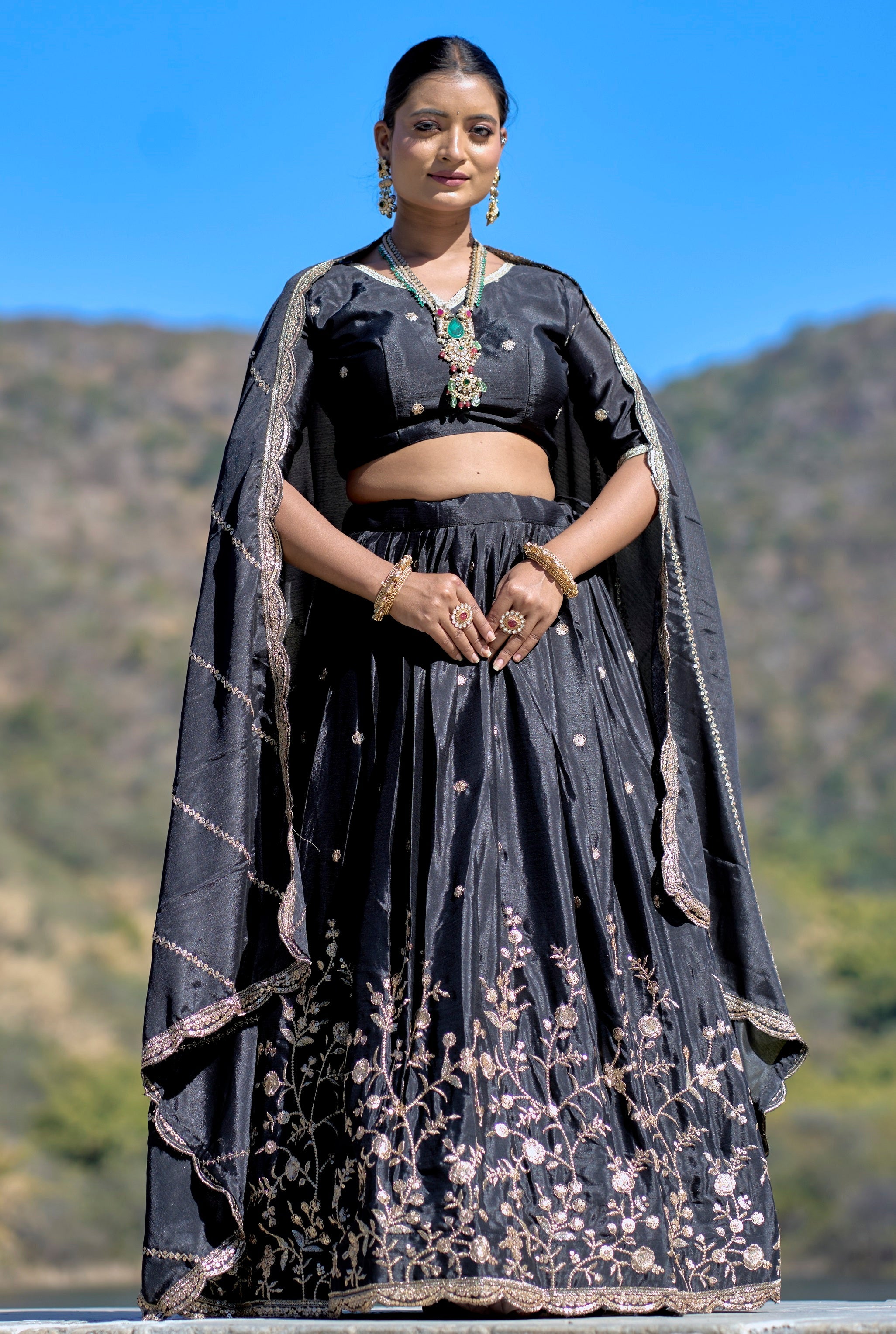 Vedant Vastram Embroidered Heavy Chinon Lehenga Choli With Blouse & Dupatta - Black