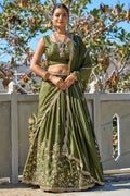 Vedant Vastram Embroidered Heavy Chinon Lehenga Choli With Blouse & Dupatta - Mehendi