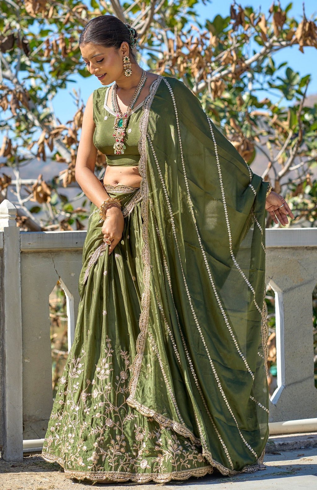 Vedant Vastram Embroidered Heavy Chinon Lehenga Choli With Blouse & Dupatta - Mehendi