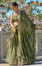 Vedant Vastram Embroidered Heavy Chinon Lehenga Choli With Blouse & Dupatta - Mehendi