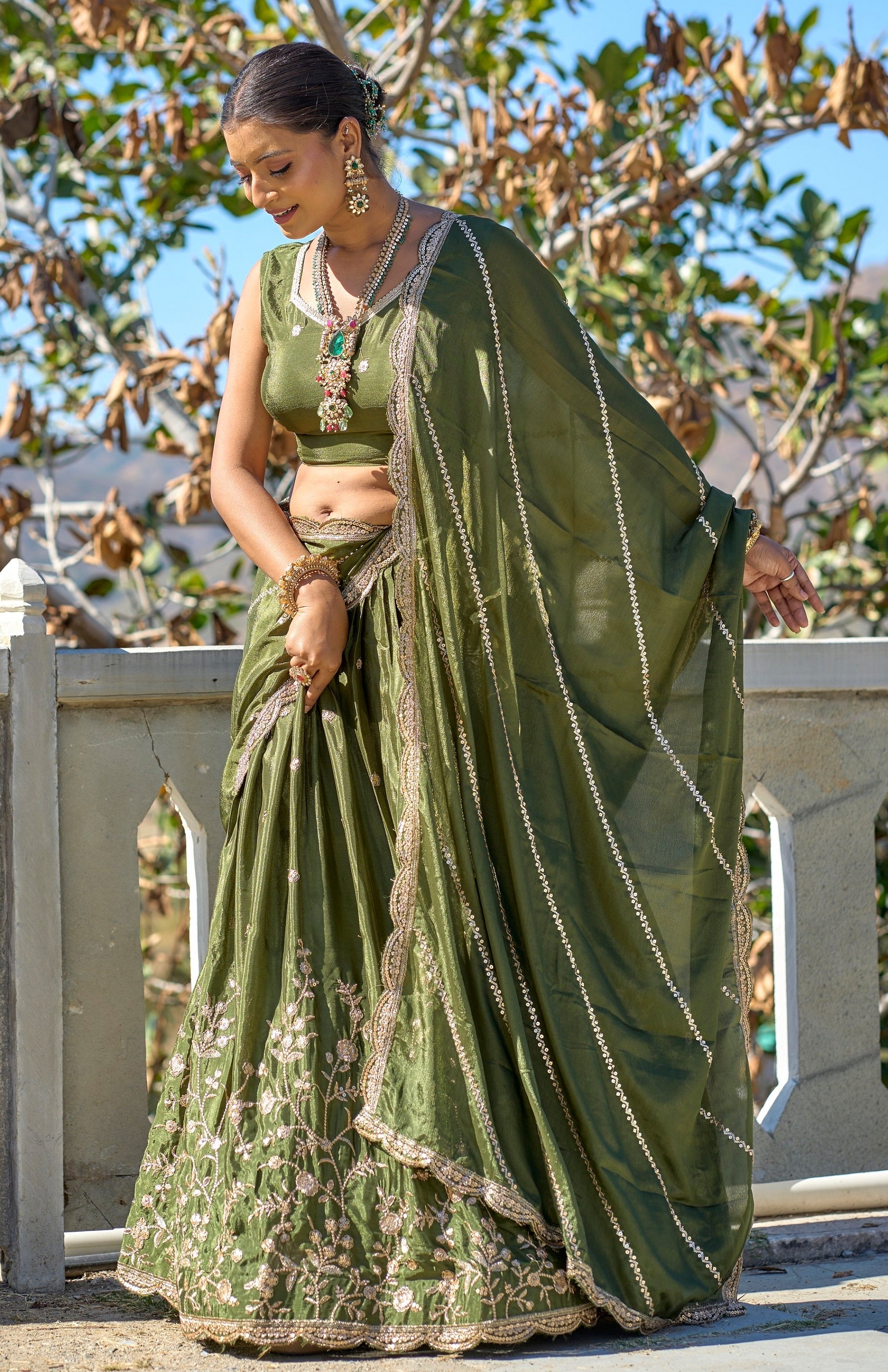 Vedant Vastram Embroidered Heavy Chinon Lehenga Choli With Blouse & Dupatta - Mehendi