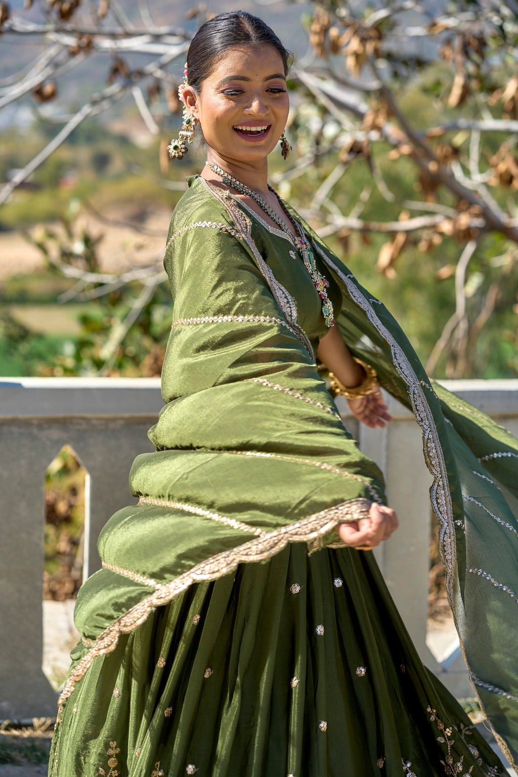 Vedant Vastram Embroidered Heavy Chinon Lehenga Choli With Blouse & Dupatta - Mehendi