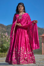 Vedant Vastram Embroidered Heavy Chinon Lehenga Choli With Blouse & Dupatta - Rani Pink