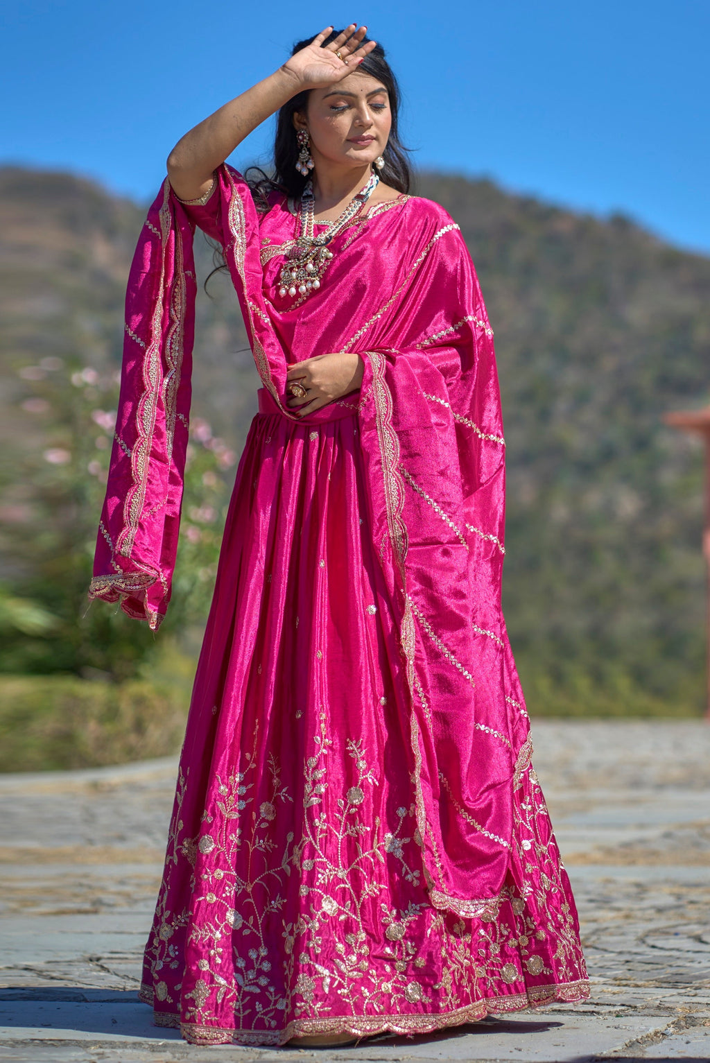 Vedant Vastram Embroidered Heavy Chinon Lehenga Choli With Blouse & Dupatta - Rani Pink