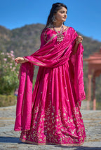 Vedant Vastram Embroidered Heavy Chinon Lehenga Choli With Blouse & Dupatta - Rani Pink