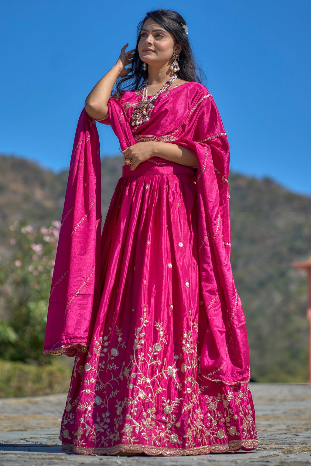 Vedant Vastram Embroidered Heavy Chinon Lehenga Choli With Blouse & Dupatta - Rani Pink