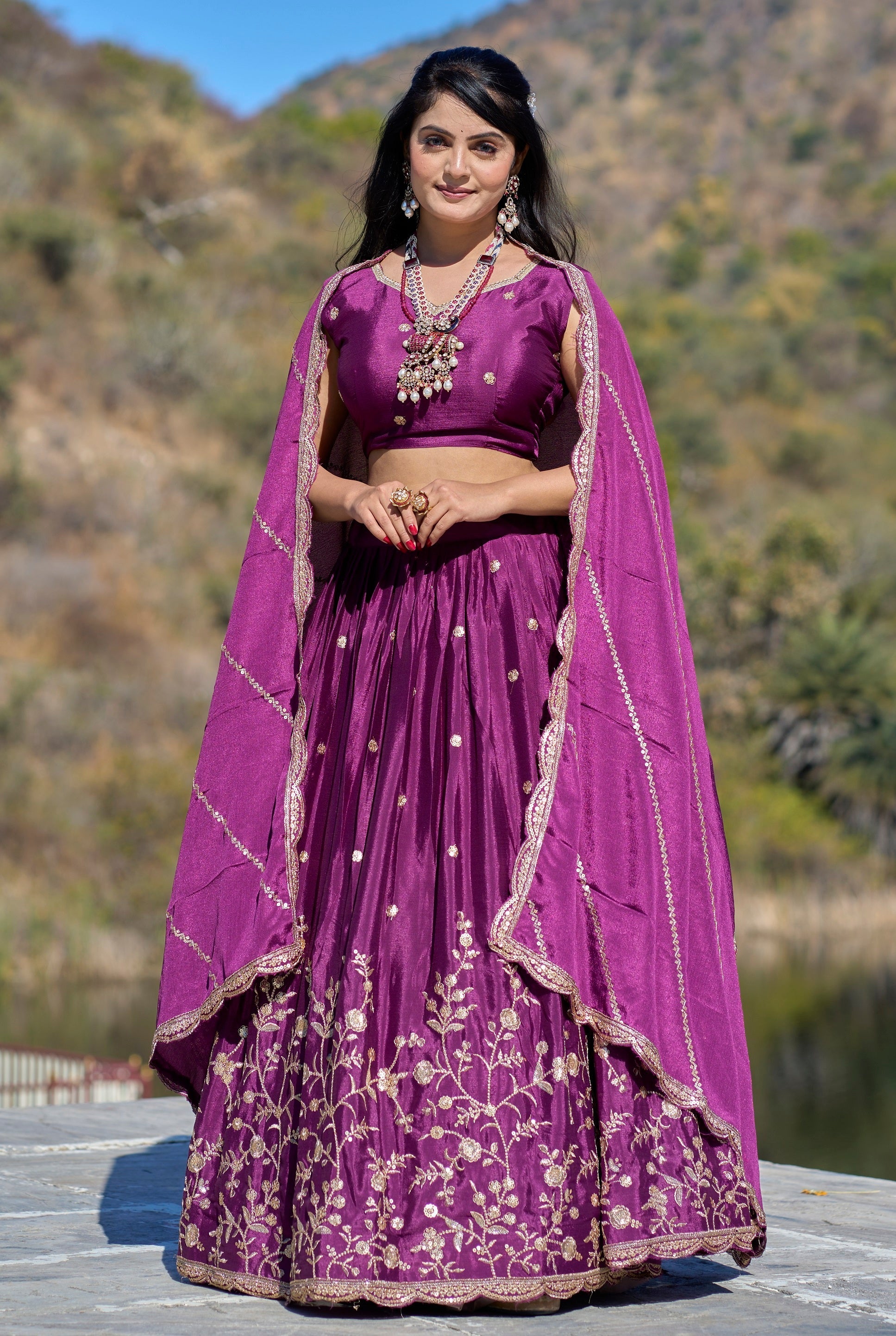 Vedant Vastram Embroidered Heavy Chinon Lehenga Choli With Blouse & Dupatta - Wine