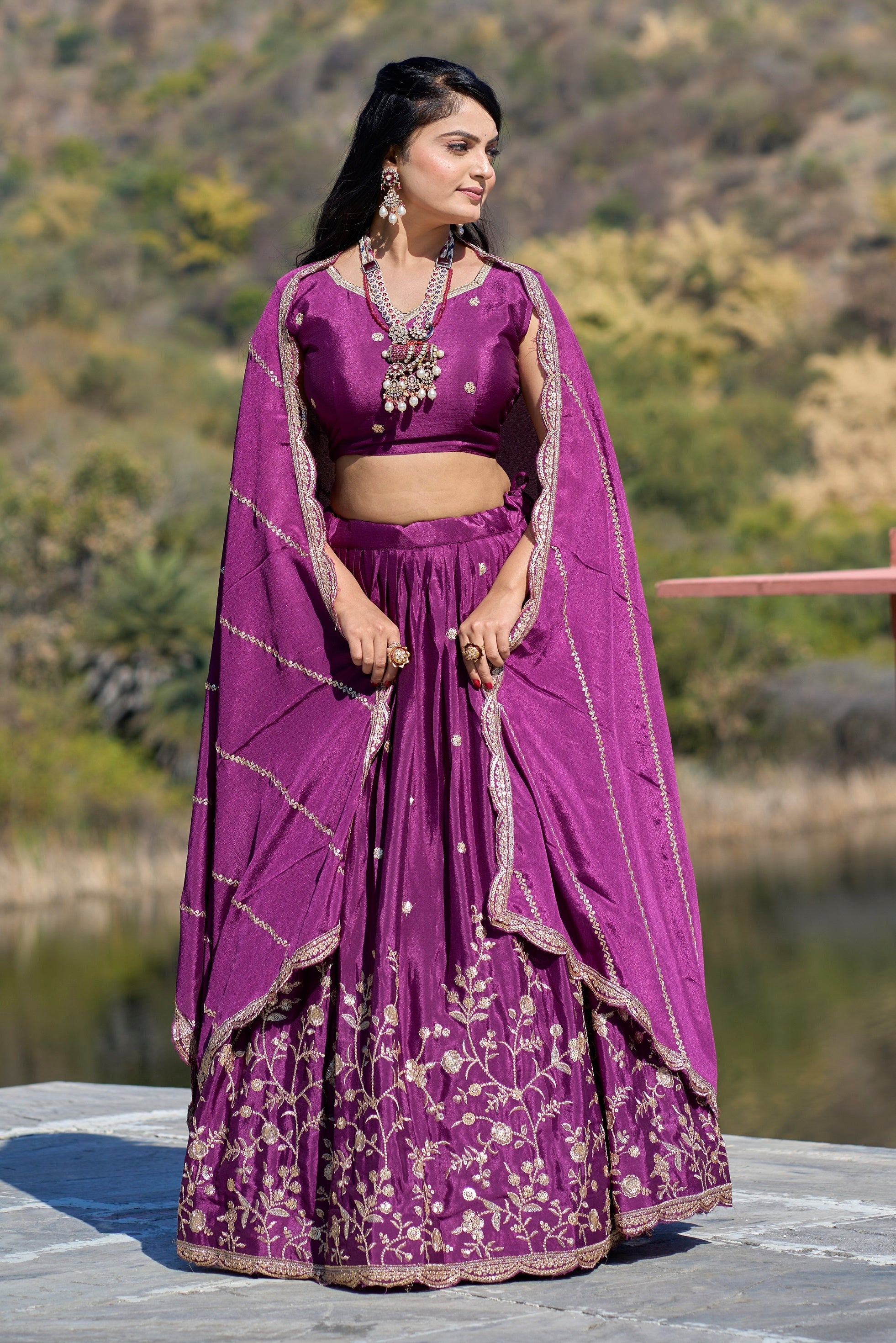 Vedant Vastram Embroidered Heavy Chinon Lehenga Choli With Blouse & Dupatta - Wine