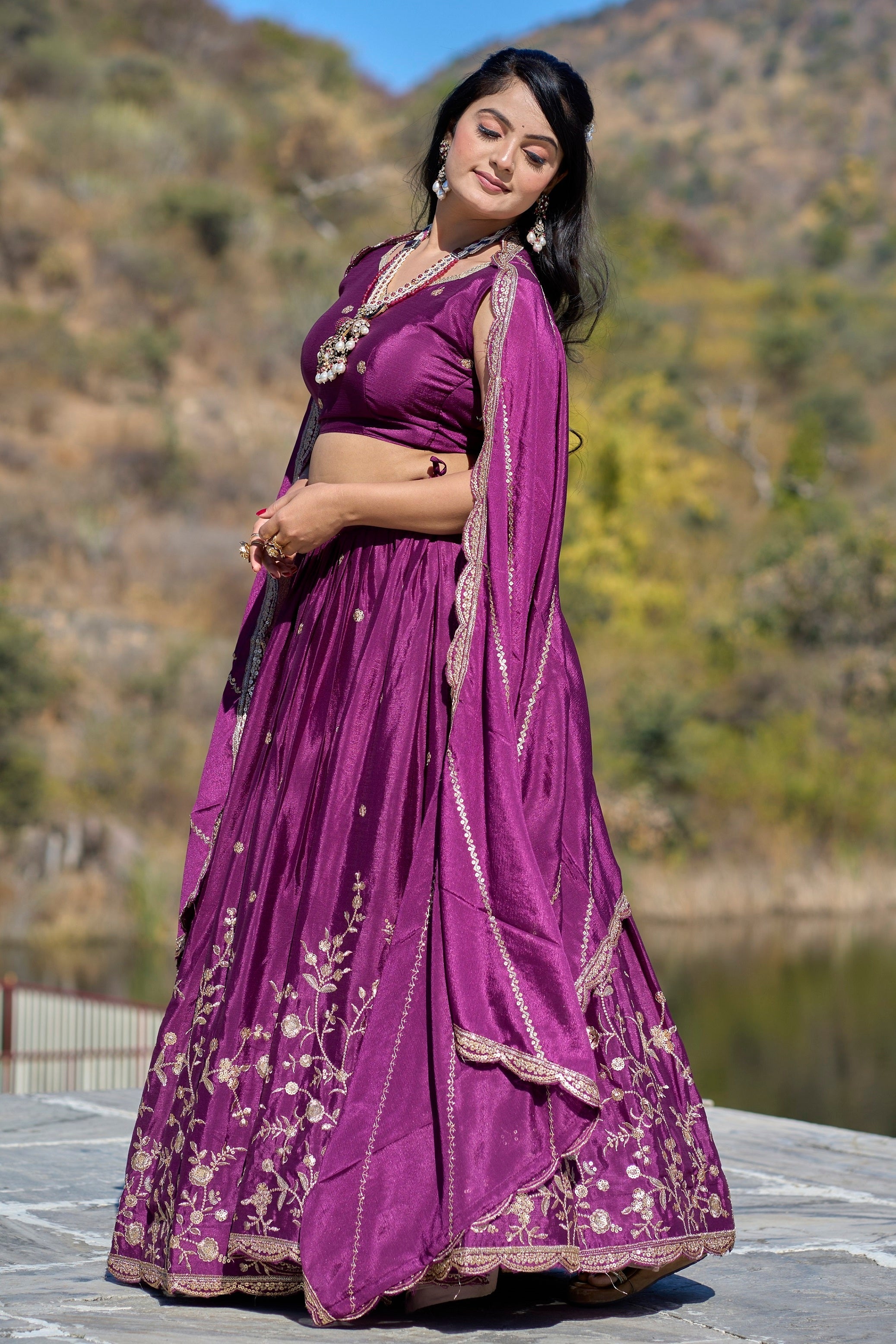 Vedant Vastram Embroidered Heavy Chinon Lehenga Choli With Blouse & Dupatta - Wine