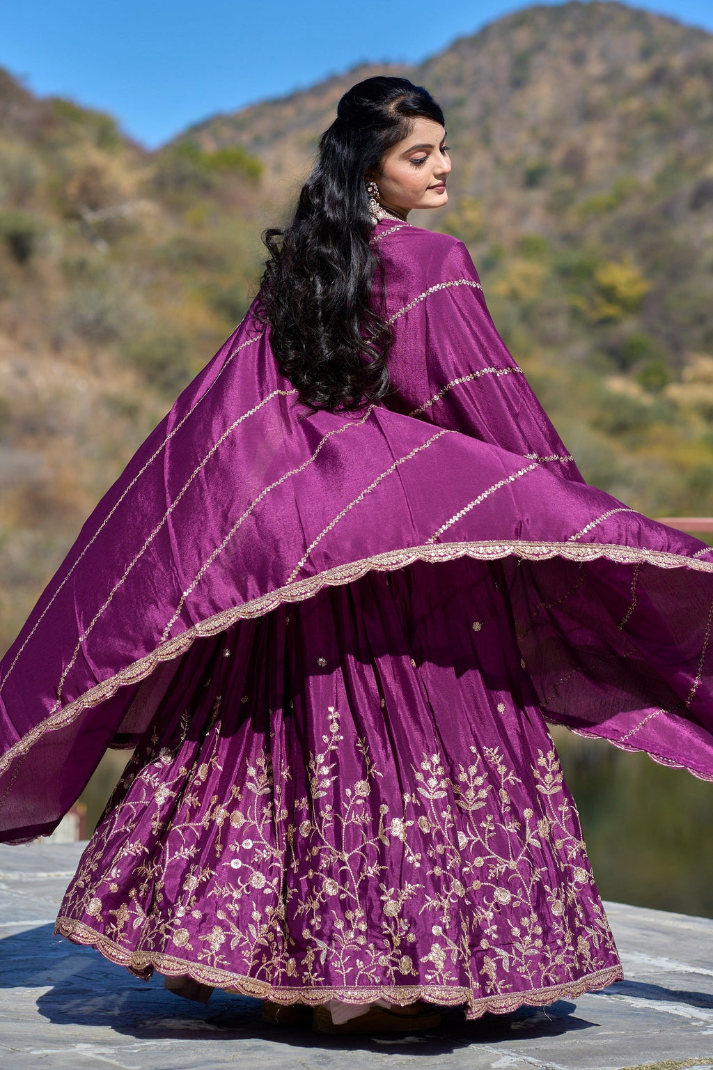 Vedant Vastram Embroidered Heavy Chinon Lehenga Choli With Blouse & Dupatta - Wine