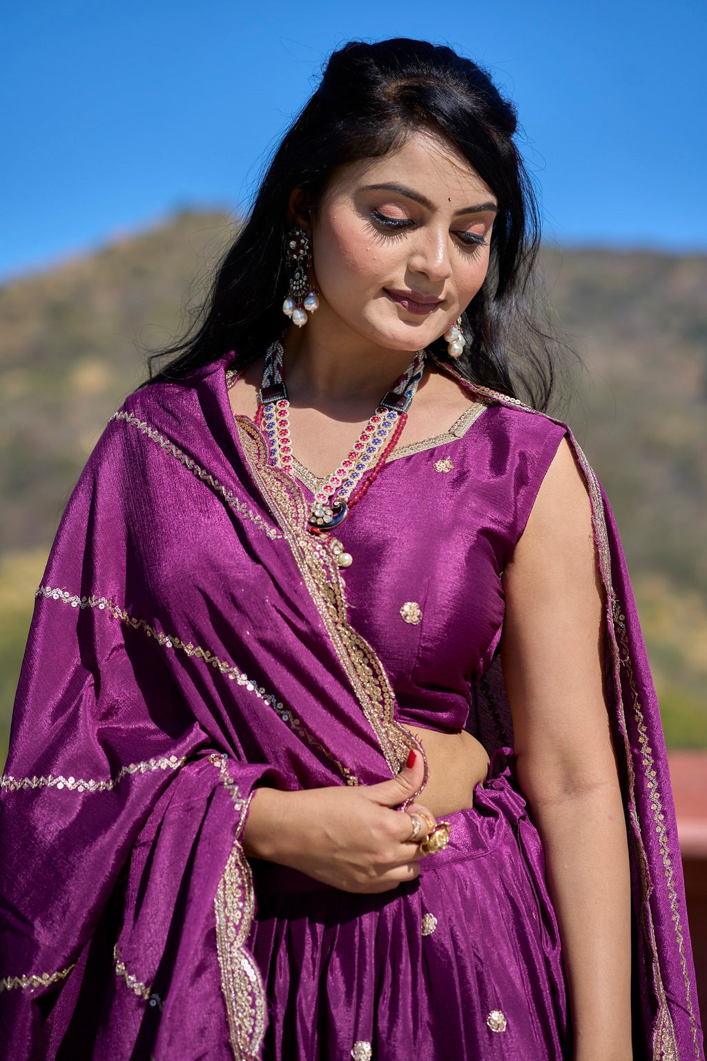 Vedant Vastram Embroidered Heavy Chinon Lehenga Choli With Blouse & Dupatta - Wine