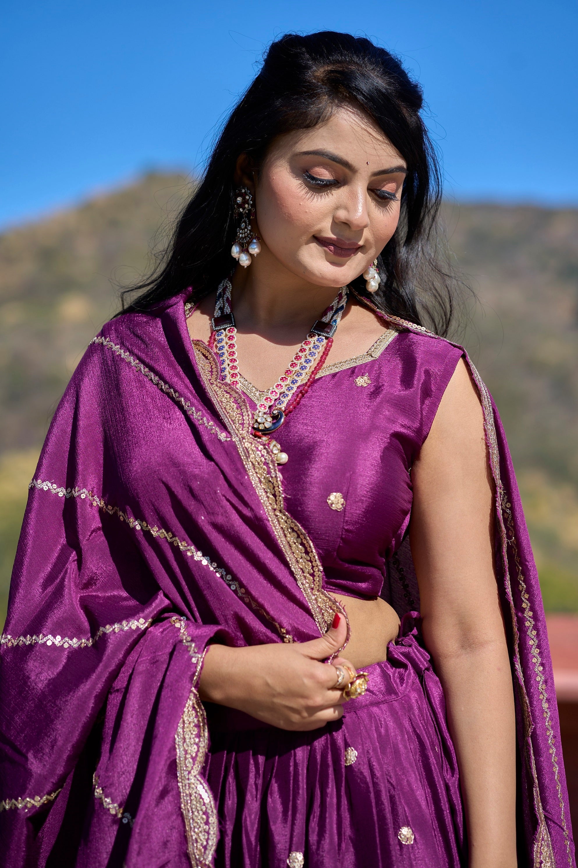 Vedant Vastram Embroidered Heavy Chinon Lehenga Choli With Blouse & Dupatta - Wine
