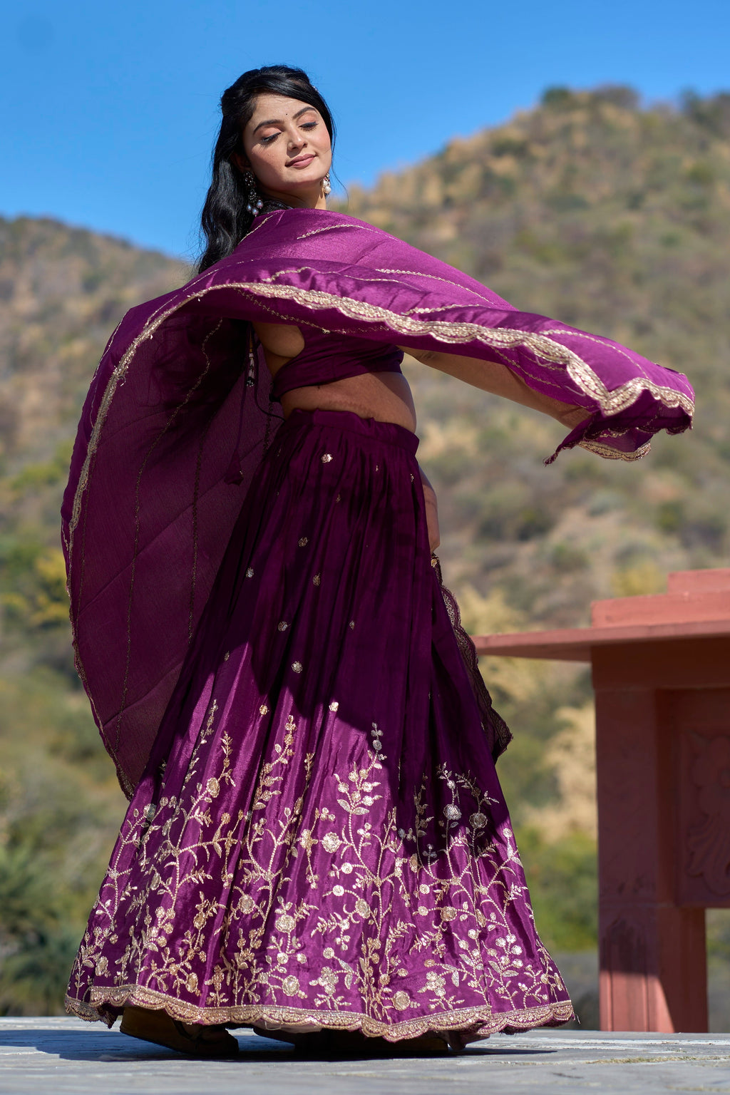 Vedant Vastram Embroidered Heavy Chinon Lehenga Choli With Blouse & Dupatta - Wine