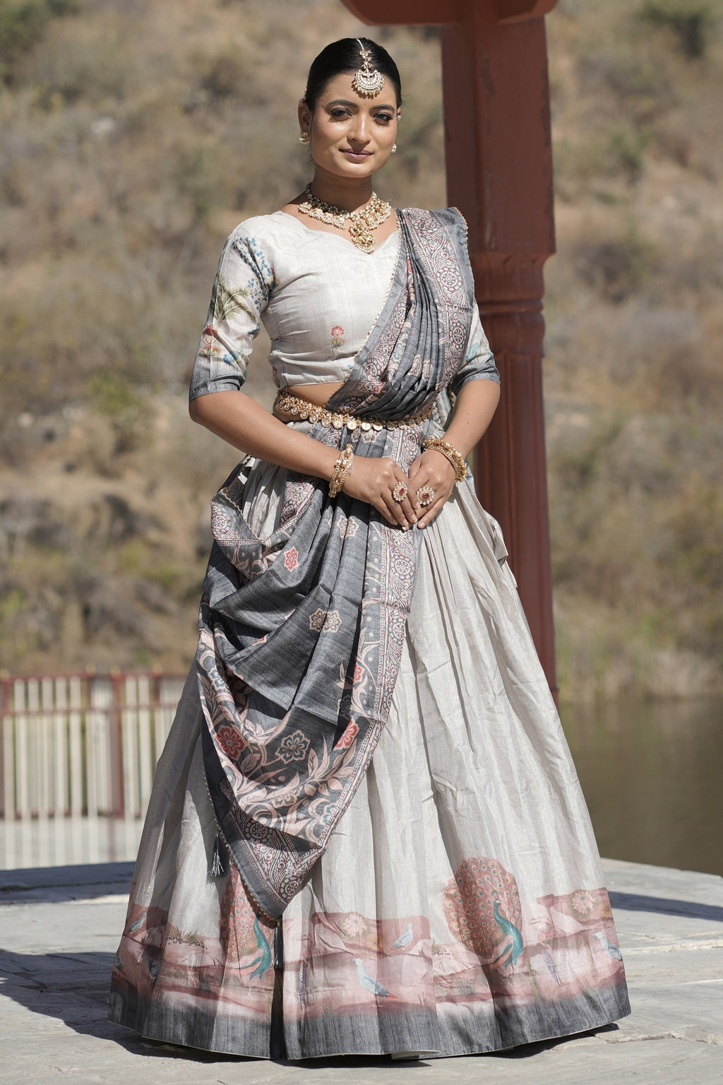 Vedant Vastram Fully Printed Pure Manipuri Silk Lehenga Choli With Blouse & Dupatta - Grey