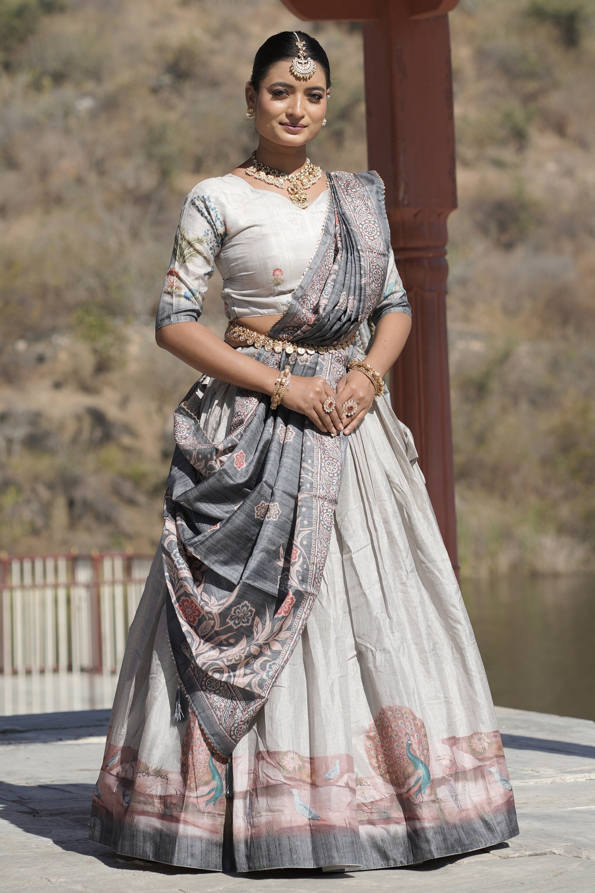 Vedant Vastram Fully Printed Pure Manipuri Silk Lehenga Choli With Blouse & Dupatta - Grey