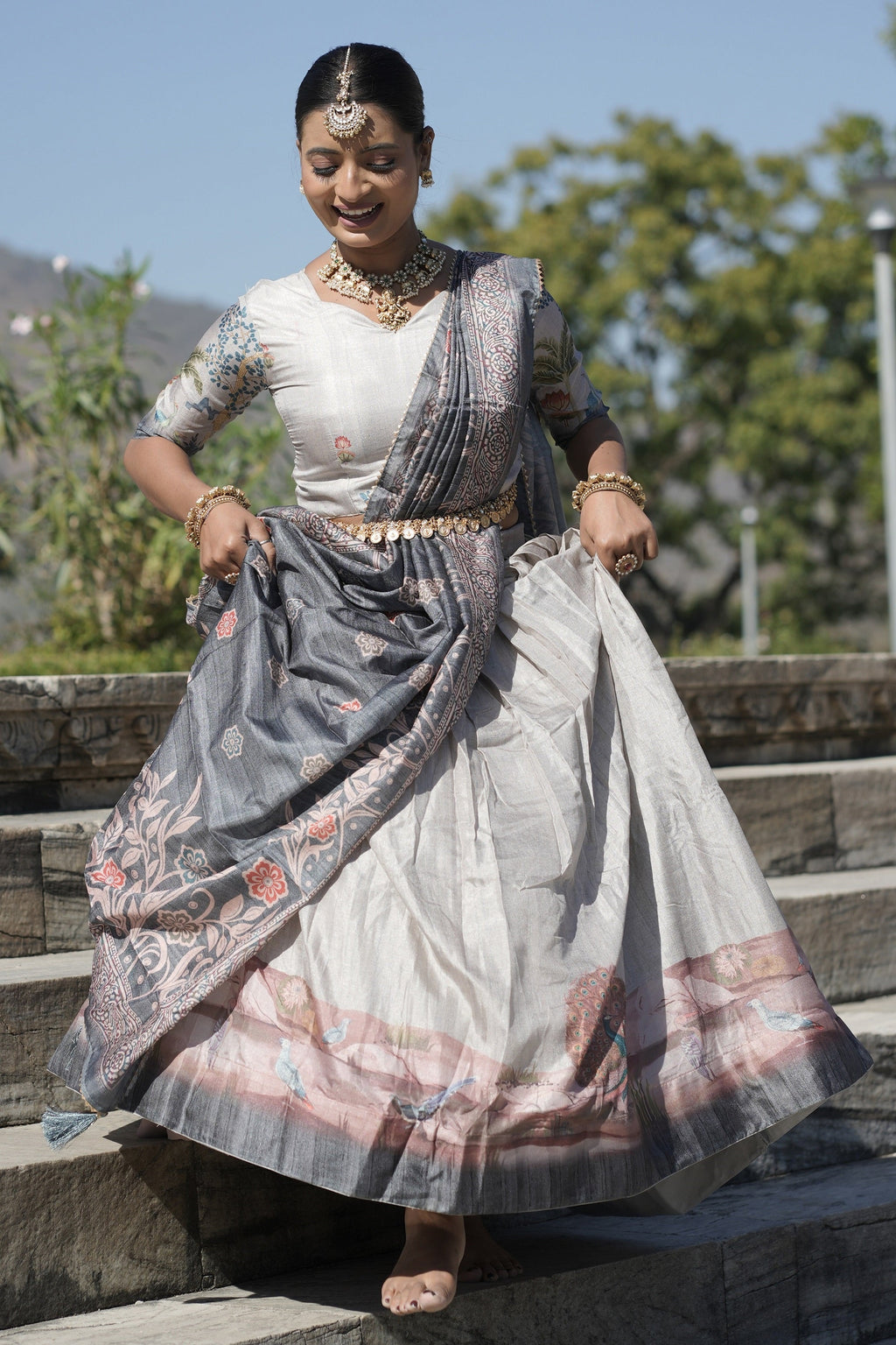 Vedant Vastram Fully Printed Pure Manipuri Silk Lehenga Choli With Blouse & Dupatta - Grey
