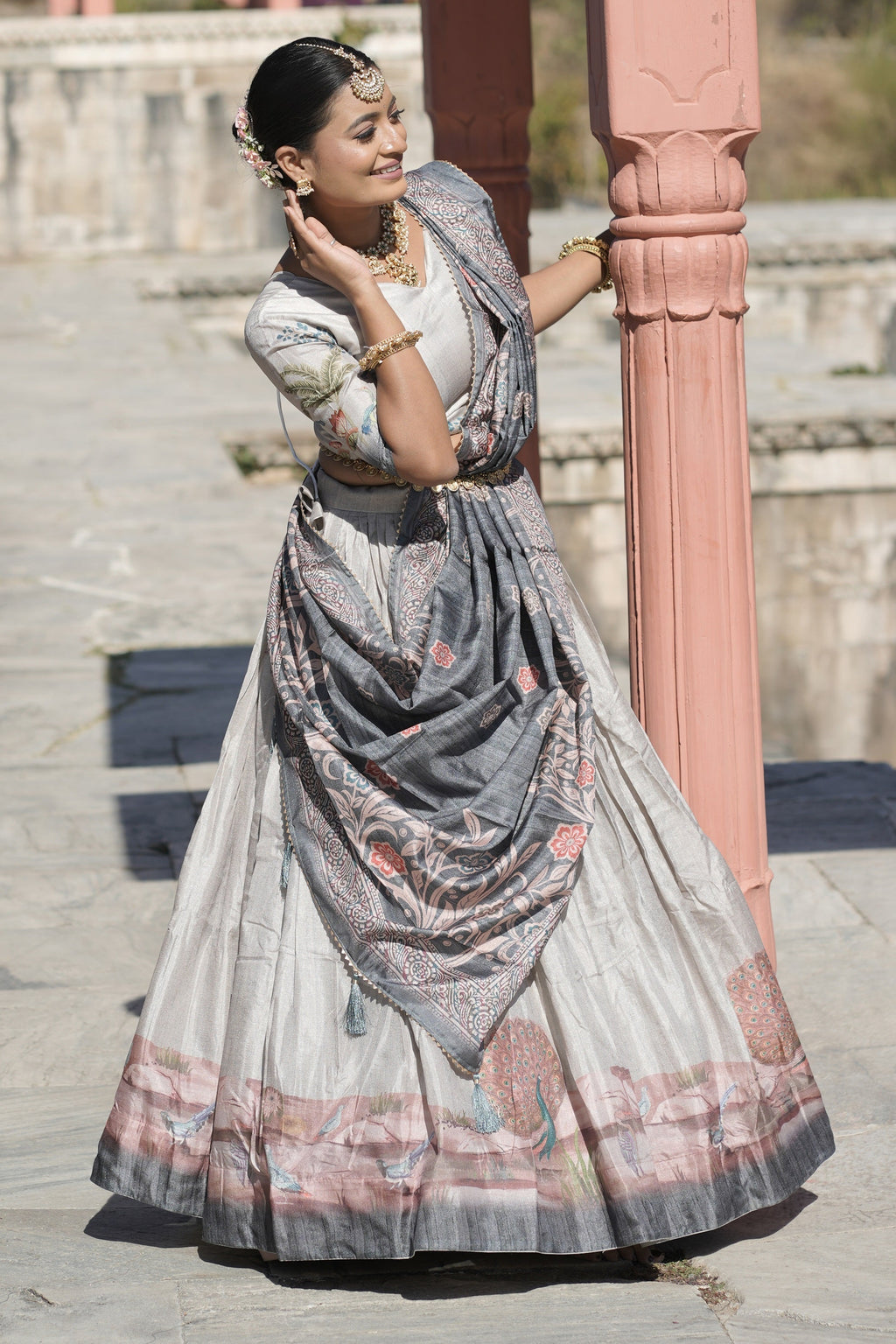 Vedant Vastram Fully Printed Pure Manipuri Silk Lehenga Choli With Blouse & Dupatta - Grey