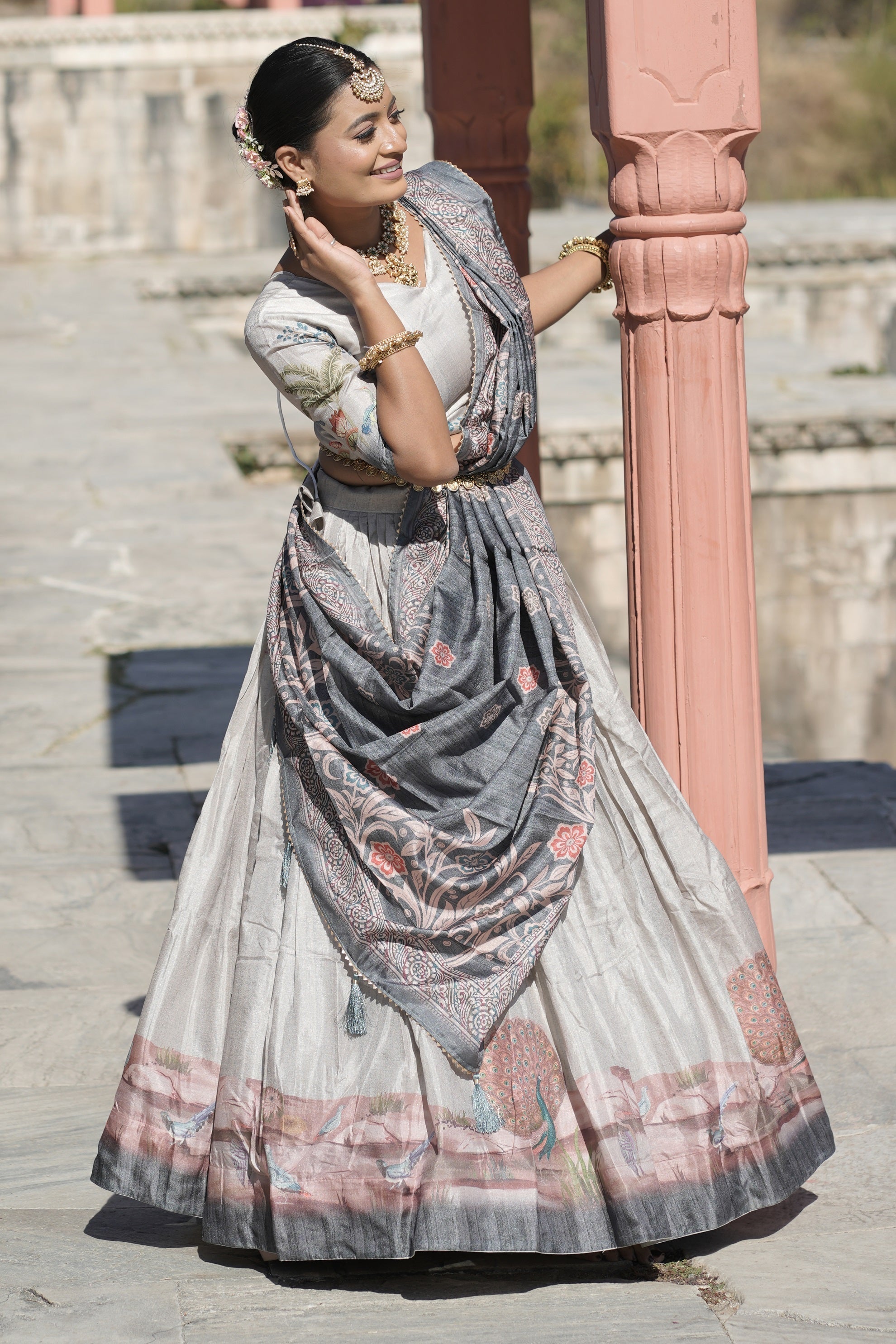 Vedant Vastram Fully Printed Pure Manipuri Silk Lehenga Choli With Blouse & Dupatta - Grey