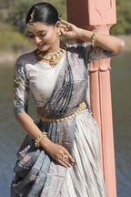 Vedant Vastram Fully Printed Pure Manipuri Silk Lehenga Choli With Blouse & Dupatta - Grey