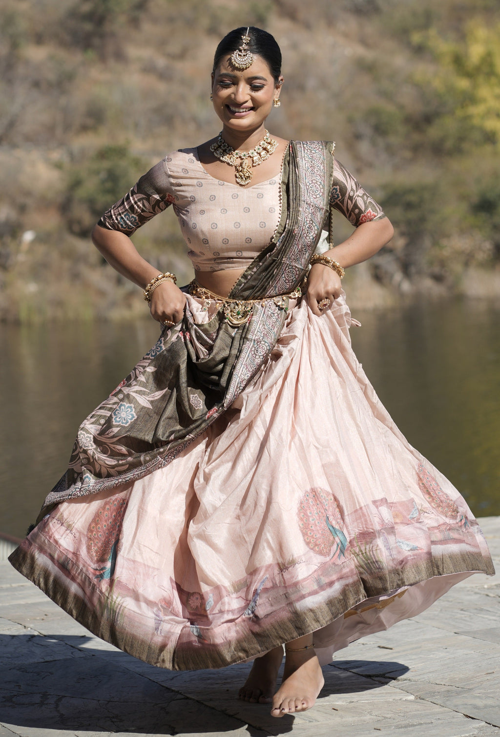 Vedant Vastram Fully Printed Pure Manipuri Silk Lehenga Choli With Blouse & Dupatta - Peach