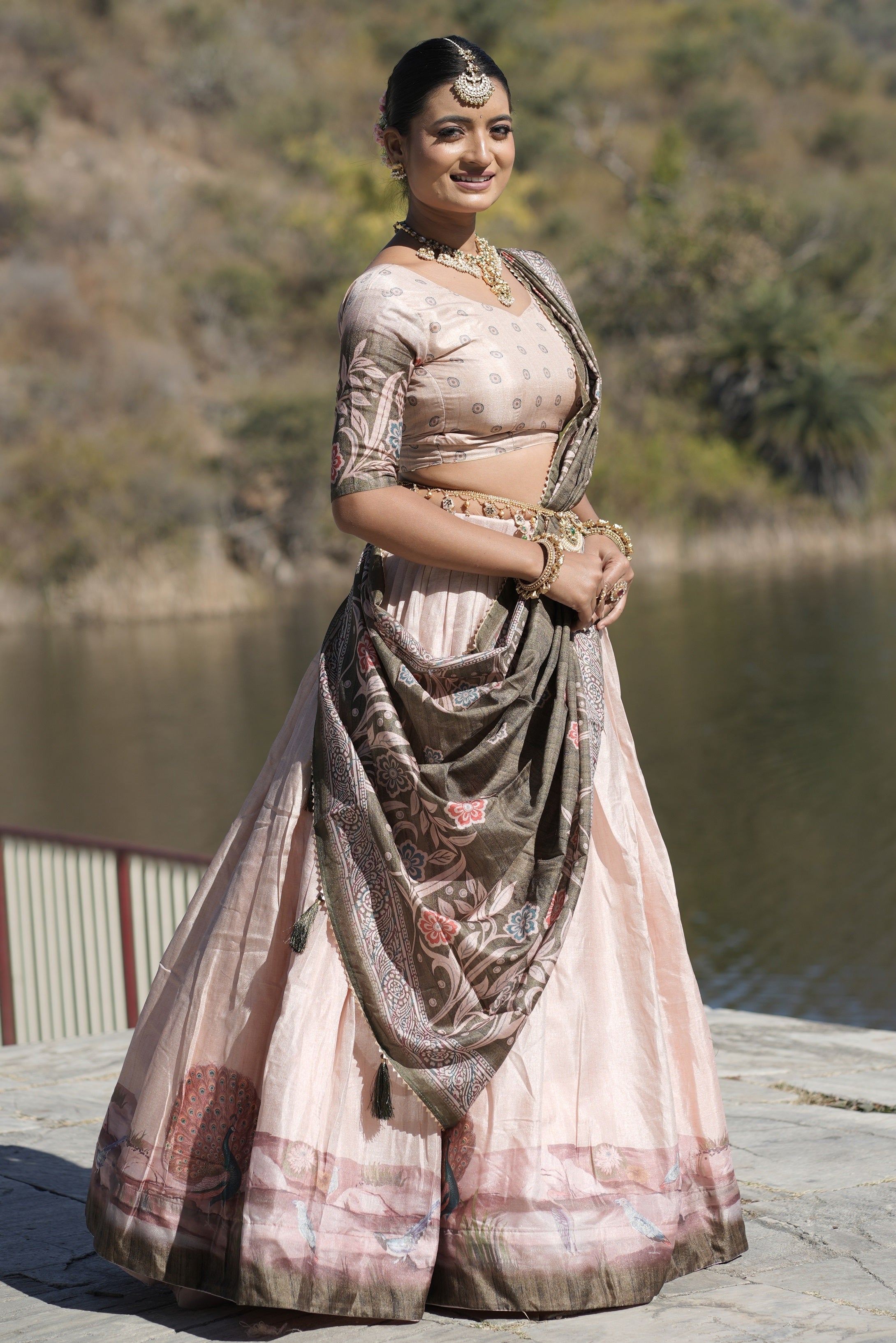 Vedant Vastram Fully Printed Pure Manipuri Silk Lehenga Choli With Blouse & Dupatta - Peach