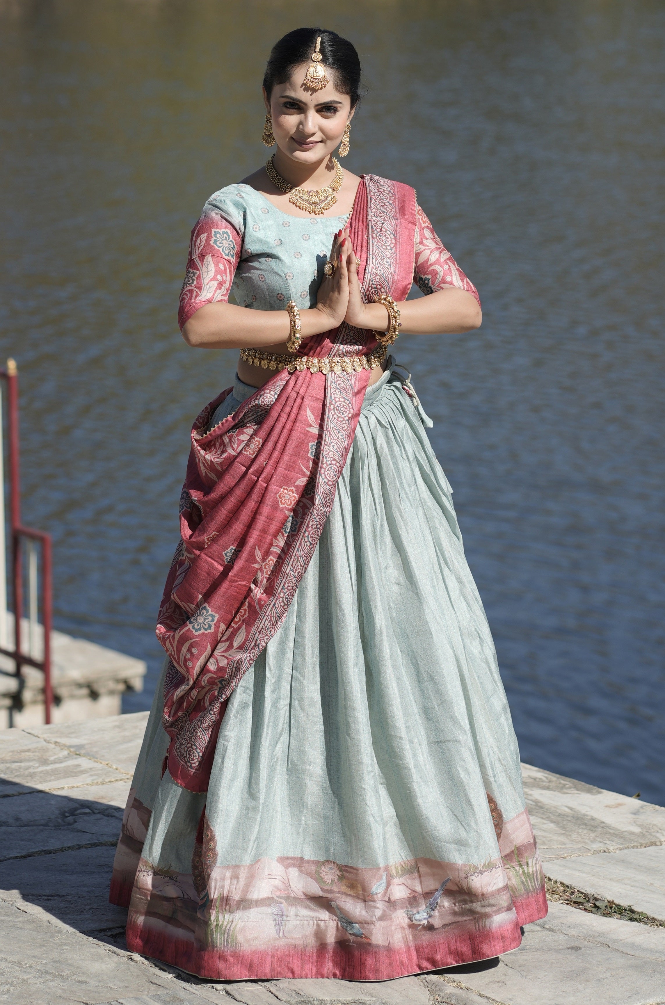 Vedant Vastram Fully Printed Pure Manipuri Silk Lehenga Choli With Blouse & Dupatta - Sky Blue