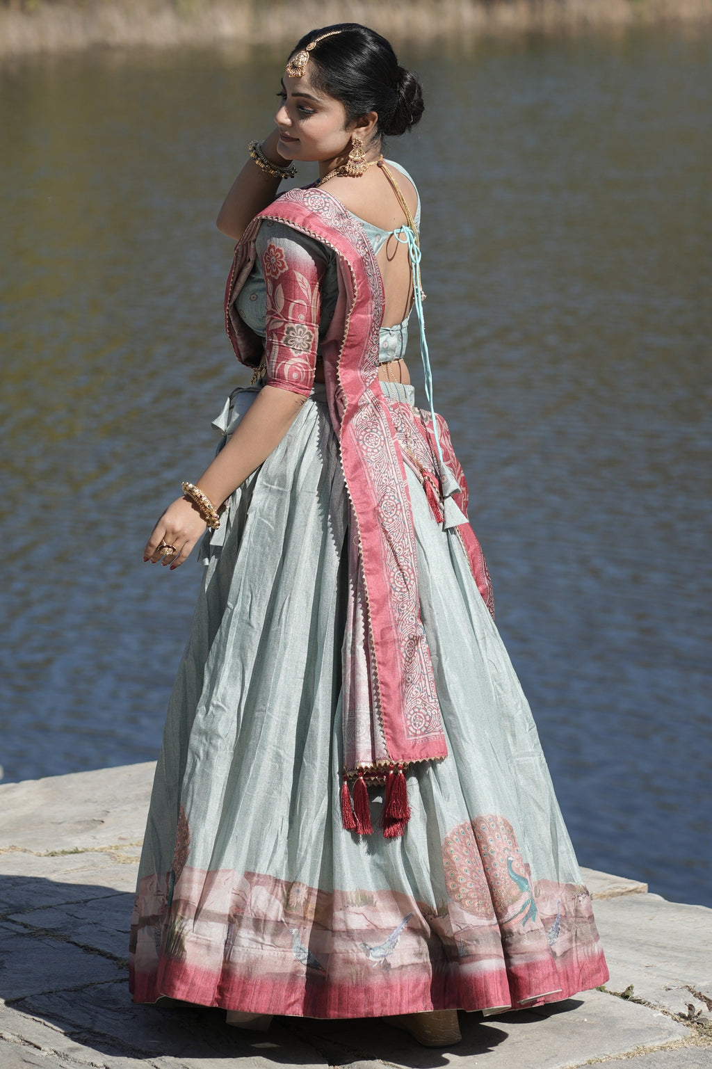 Vedant Vastram Fully Printed Pure Manipuri Silk Lehenga Choli With Blouse & Dupatta - Sky Blue