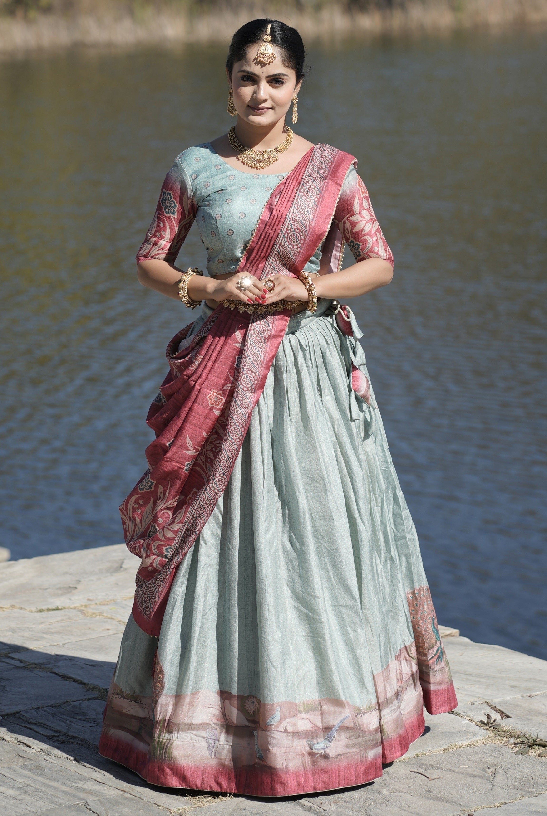Vedant Vastram Fully Printed Pure Manipuri Silk Lehenga Choli With Blouse & Dupatta - Sky Blue