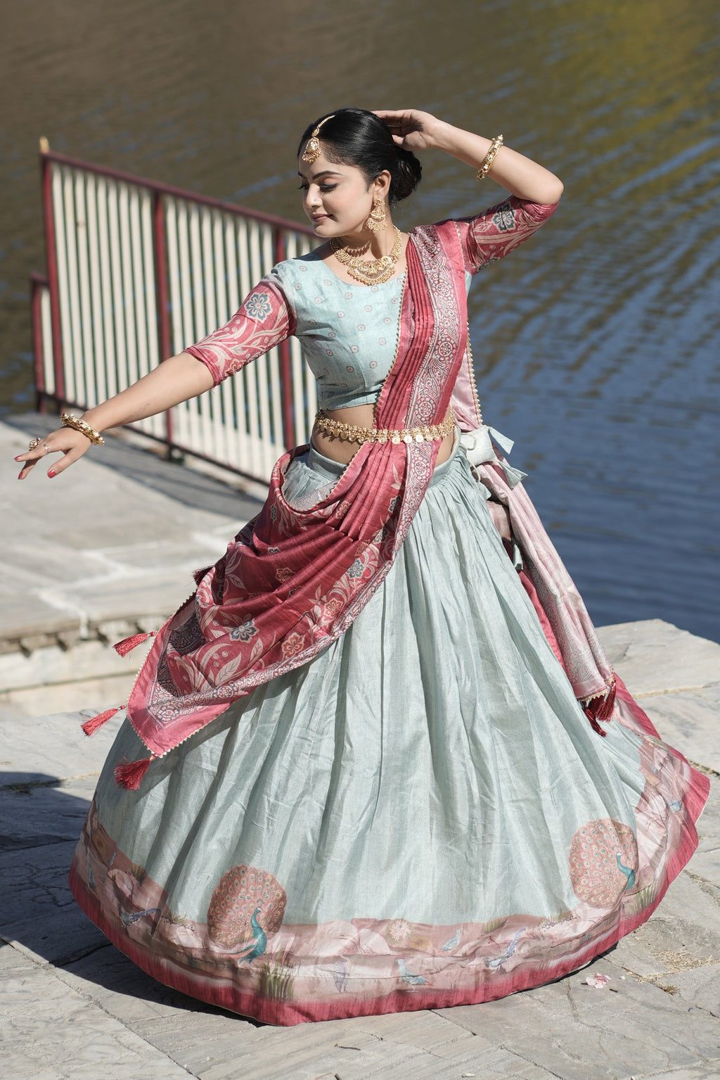 Vedant Vastram Fully Printed Pure Manipuri Silk Lehenga Choli With Blouse & Dupatta - Sky Blue