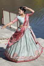 Vedant Vastram Fully Printed Pure Manipuri Silk Lehenga Choli With Blouse & Dupatta - Sky Blue