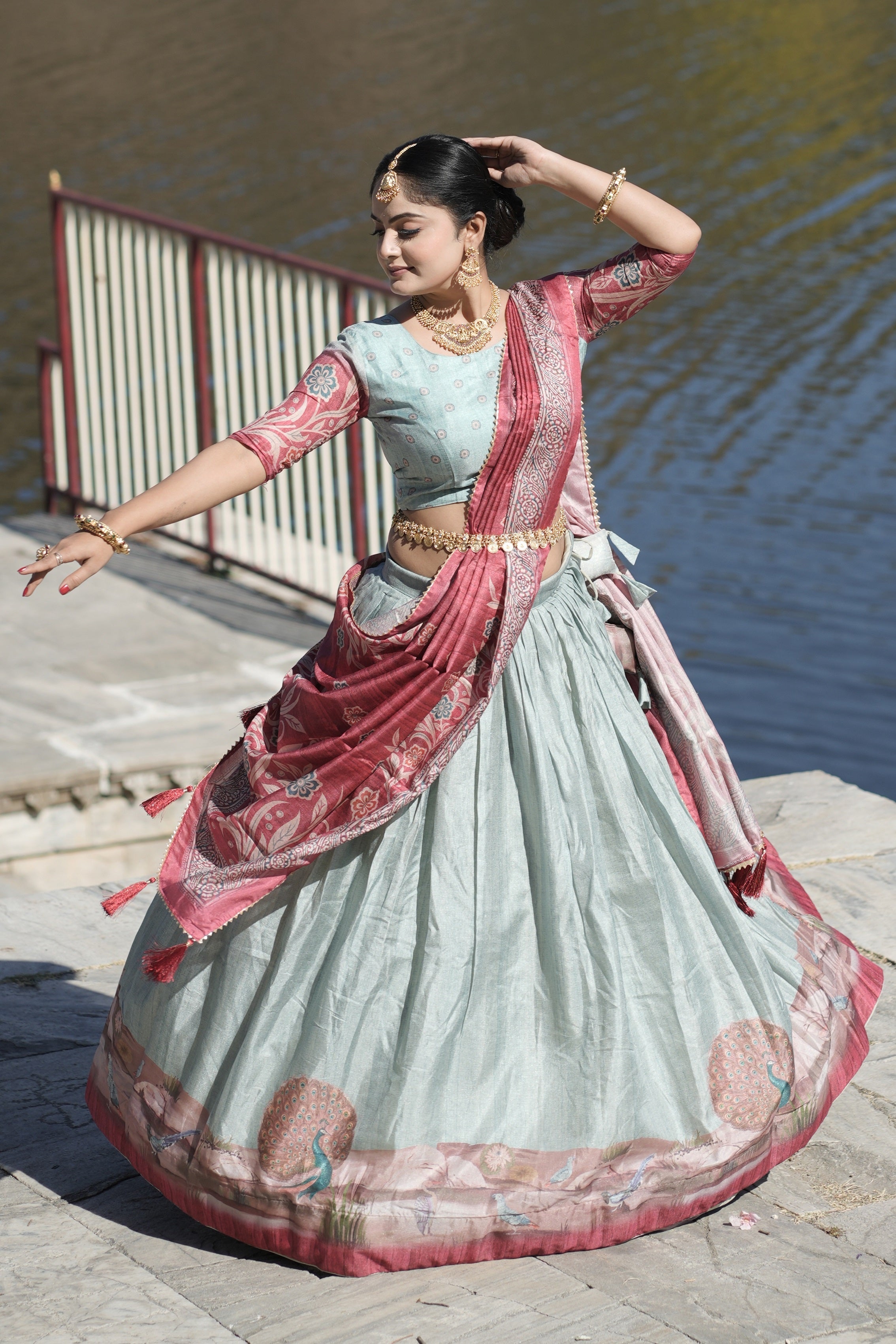 Vedant Vastram Fully Printed Pure Manipuri Silk Lehenga Choli With Blouse & Dupatta - Sky Blue