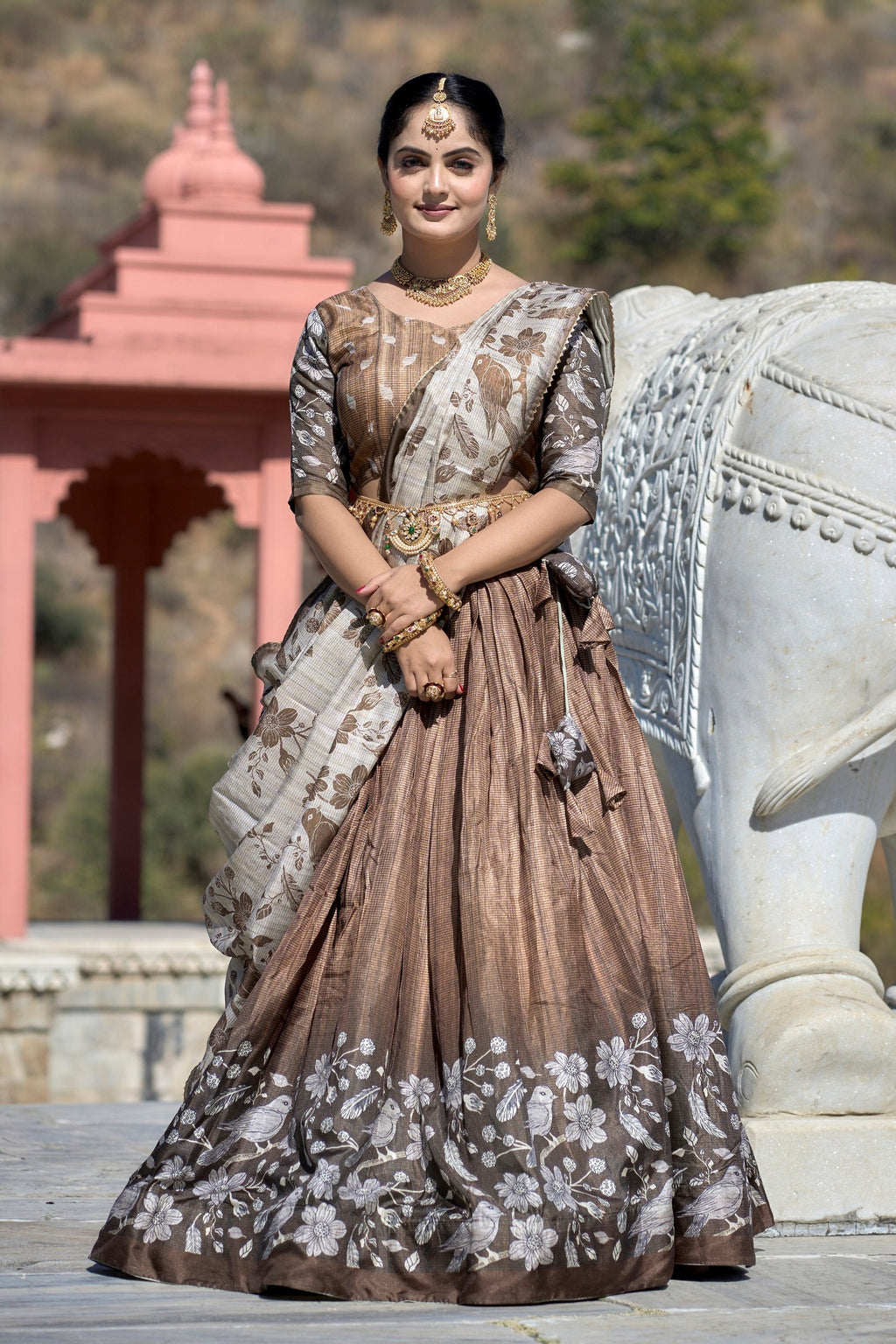 Vedant Vastram Fully Printed Pure Manipuri Silk Lehenga Choli With Blouse & Dupatta - Brown